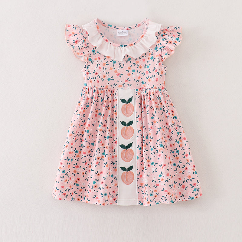 (In Stock)Girls Spring and Summer Pink Floral Peach Embroidery Dress