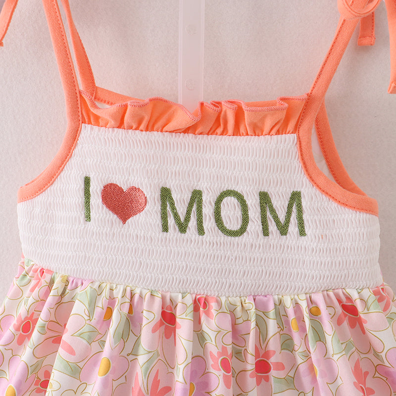 I Love MOM Embroidery Floral Girl Set
