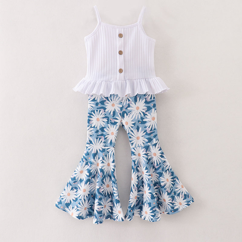 (Pre Order)Girls Rib Top Daisy Print Flared Pants Set