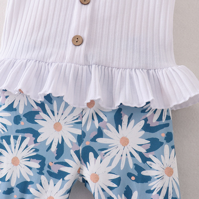 (Pre Order)Girls Rib Top Daisy Print Flared Pants Set