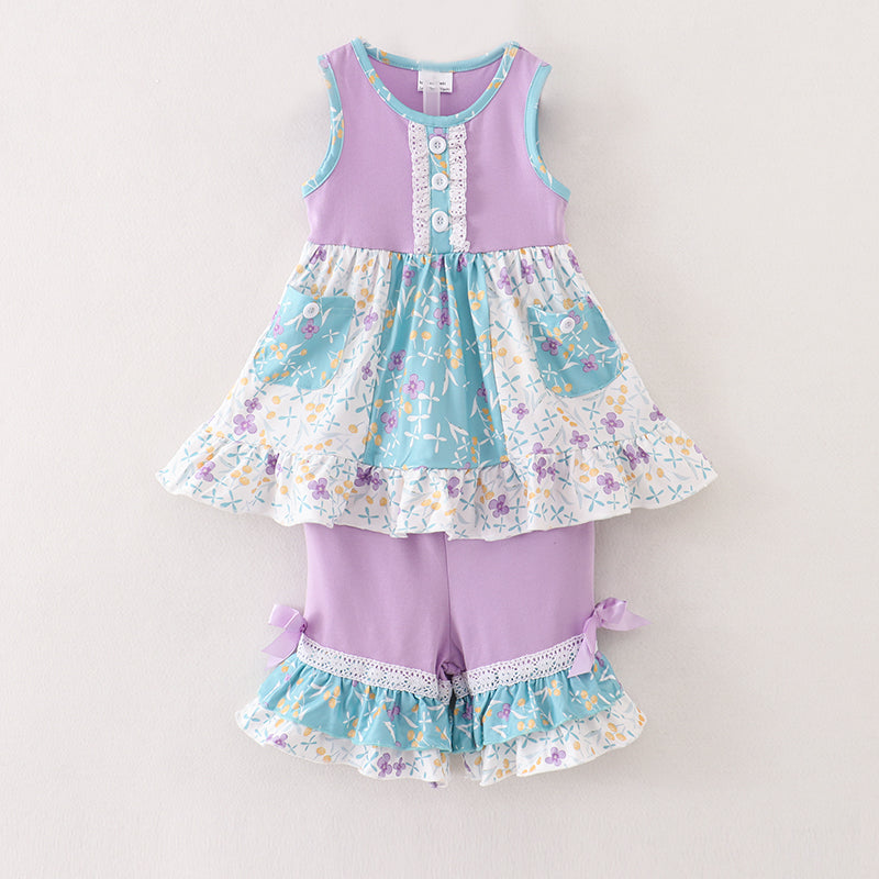 (In Stock E26-3-3)Girls Lavender Floral Ruffles Shorts Set
