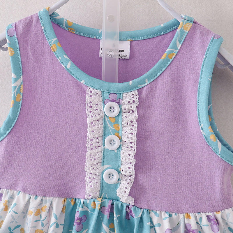 (In Stock E26-3-3)Girls Lavender Floral Ruffles Shorts Set