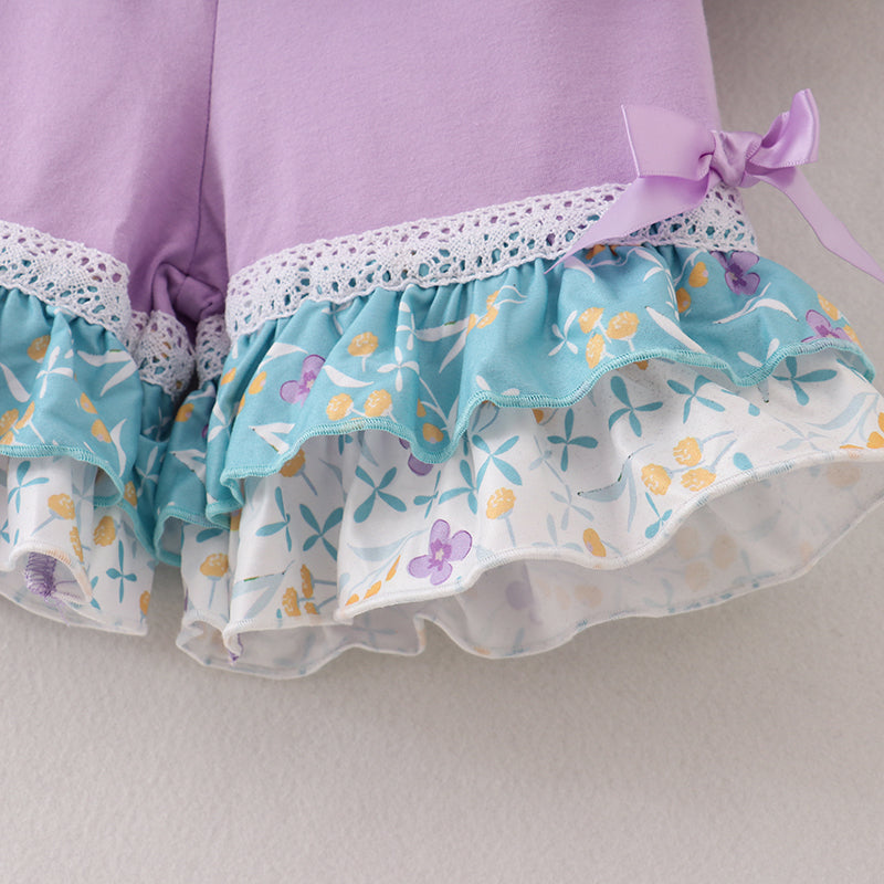 (In Stock E26-3-3)Girls Lavender Floral Ruffles Shorts Set