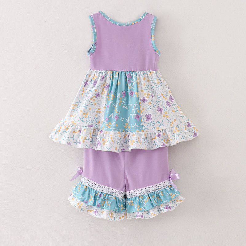 (In Stock E26-3-3)Girls Lavender Floral Ruffles Shorts Set