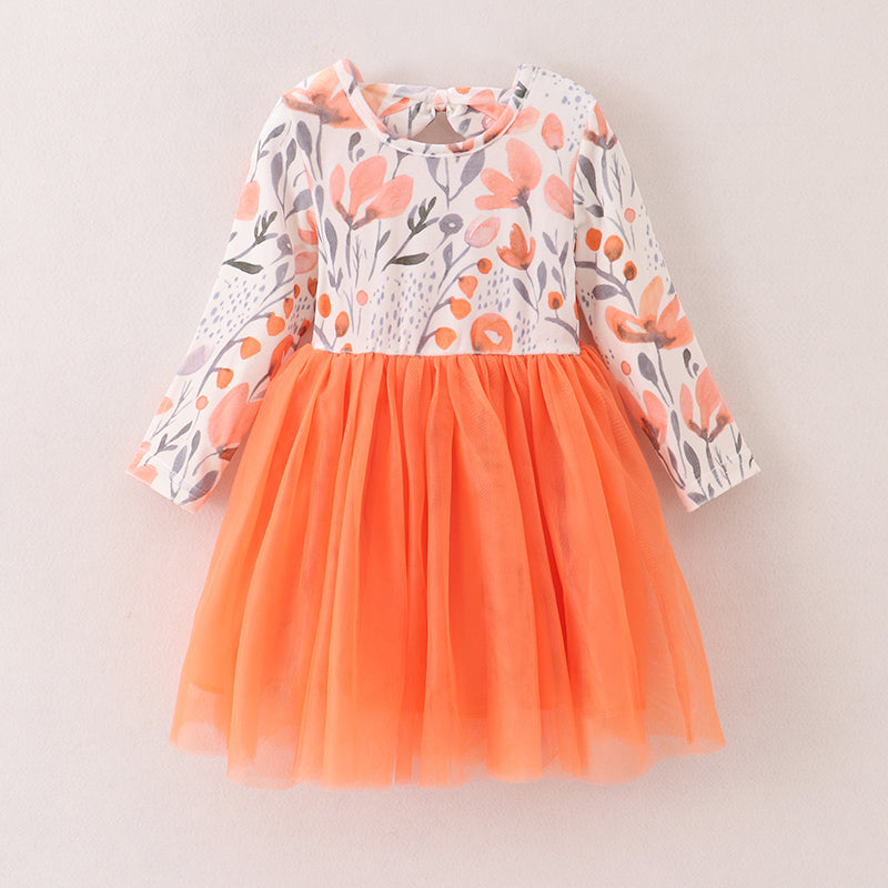(In Stock E3-4-1)Girls Floral Print Orange Tulle Dress