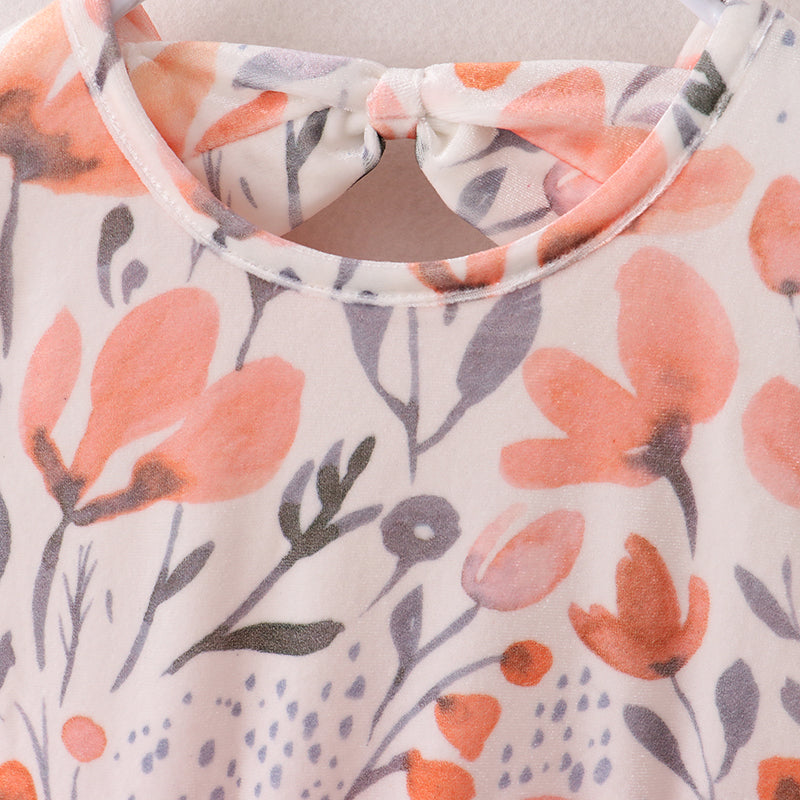 (In Stock E3-4-1)Girls Floral Print Orange Tulle Dress