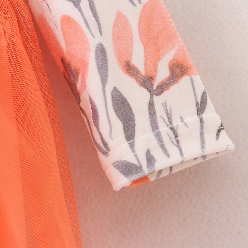 (In Stock E3-4-1)Girls Floral Print Orange Tulle Dress