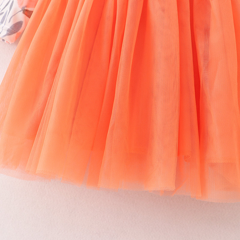 (In Stock E3-4-1)Girls Floral Print Orange Tulle Dress