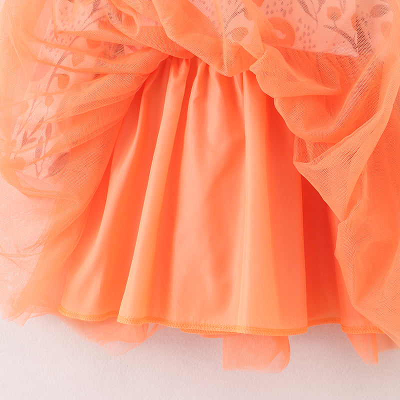 (In Stock E3-4-1)Girls Floral Print Orange Tulle Dress