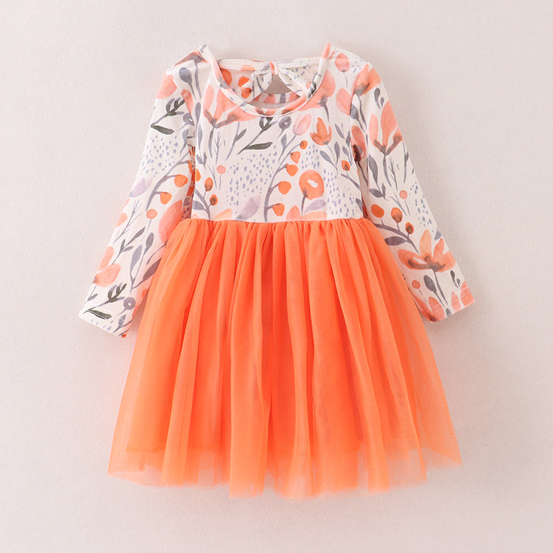 (In Stock E3-4-1)Girls Floral Print Orange Tulle Dress