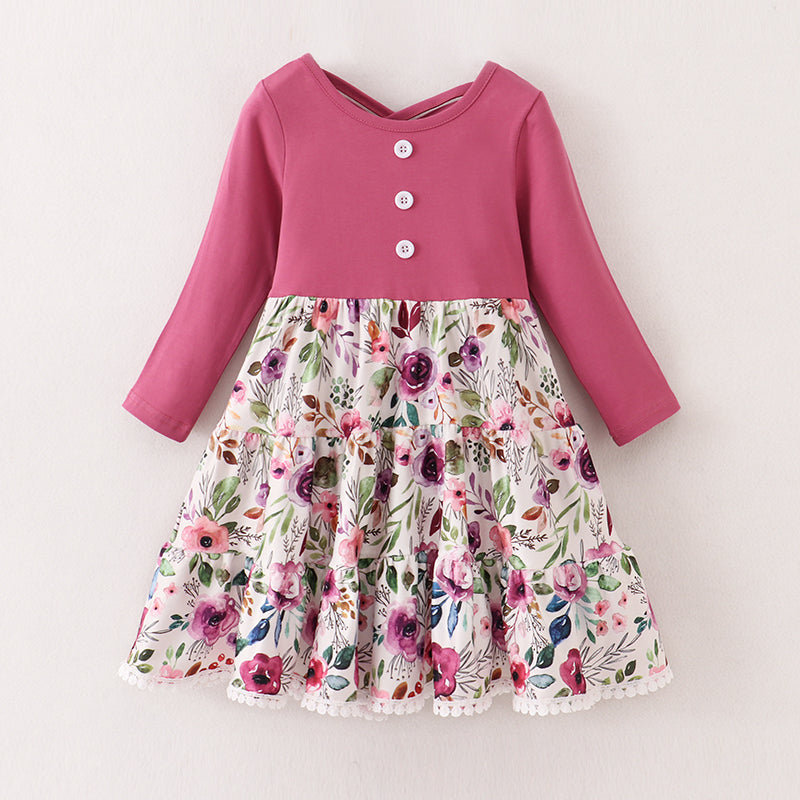 In Stock E33-02-02)Girls Fall Plum Cotton Floral Dress