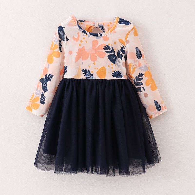 (In Stock E4-2-1)Girls Floral Print Black Tulle Dress