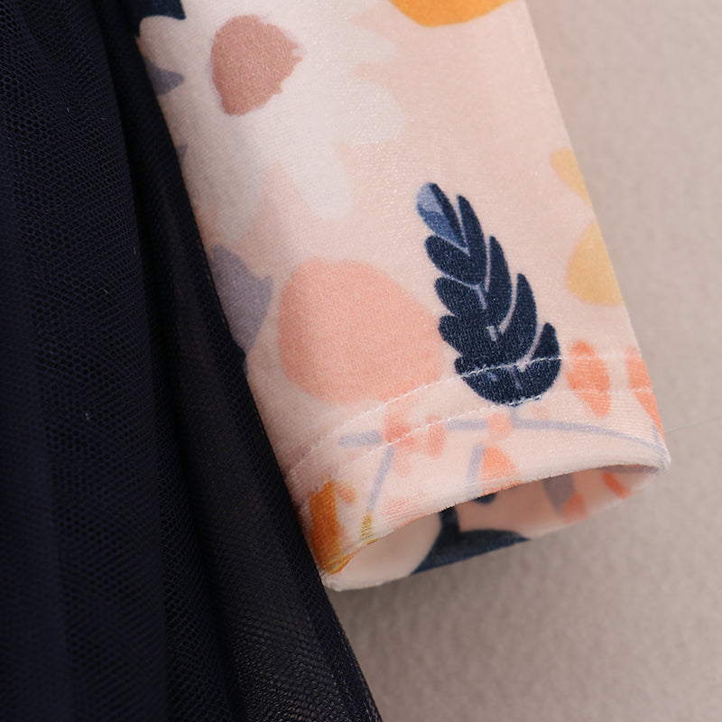 (In Stock E4-2-1)Girls Floral Print Black Tulle Dress