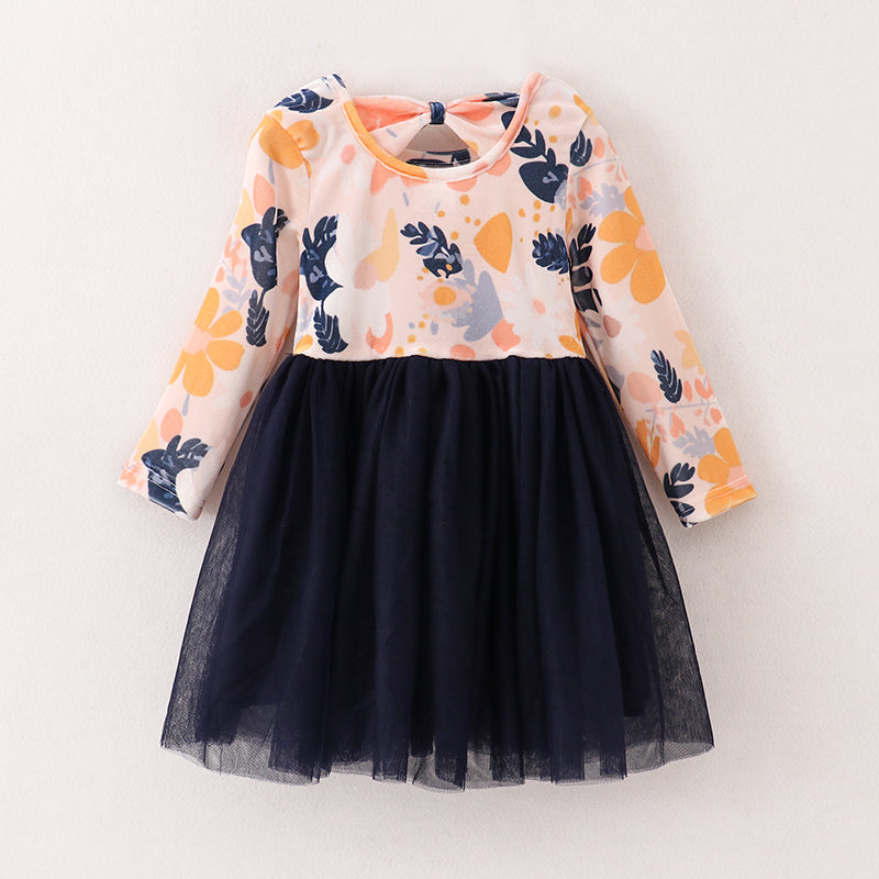 (In Stock E4-2-1)Girls Floral Print Black Tulle Dress