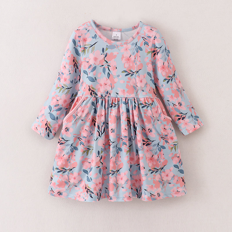 (In Stock E04-04-01 G08-01-02)Girls Fall Floral Print Pocket Dress