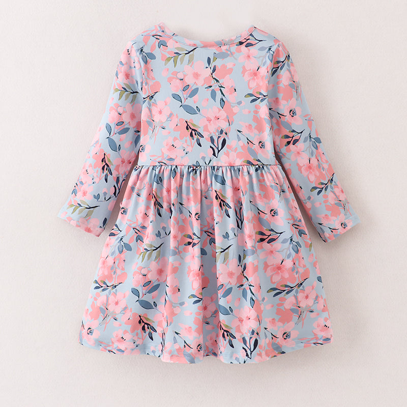 (In Stock E04-04-01 G08-01-02)Girls Fall Floral Print Pocket Dress
