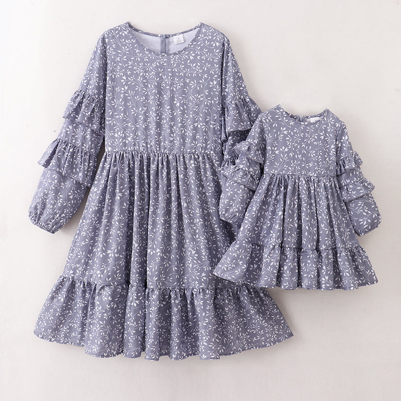 (In Stock E21-1-2)Mommy and Me Leaf Print Chiffon Dress