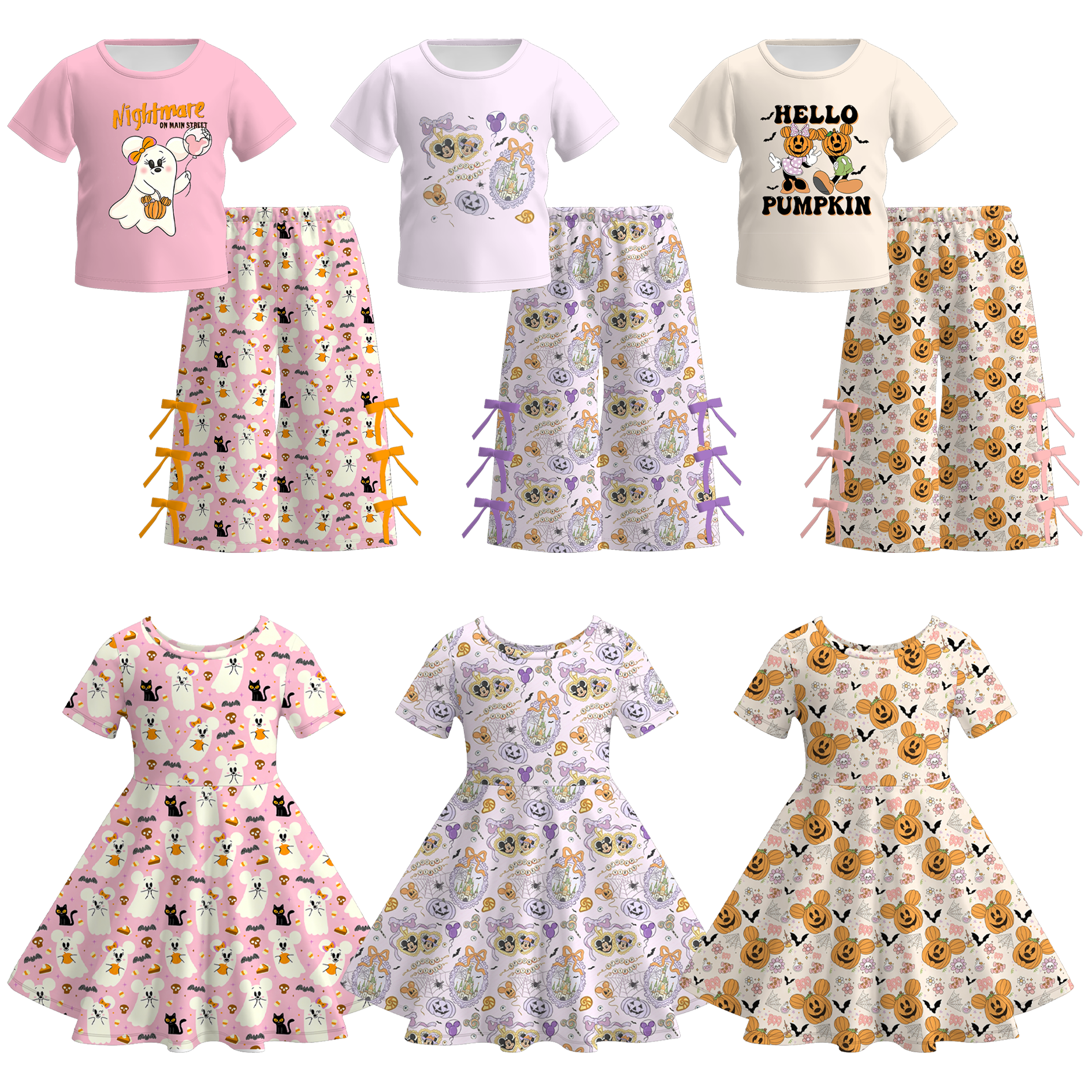 (Pre Order+Prepack Zone)Girls Halloween Pumpkin&Ghost Print Dress&Outfit Set(Mix Size)