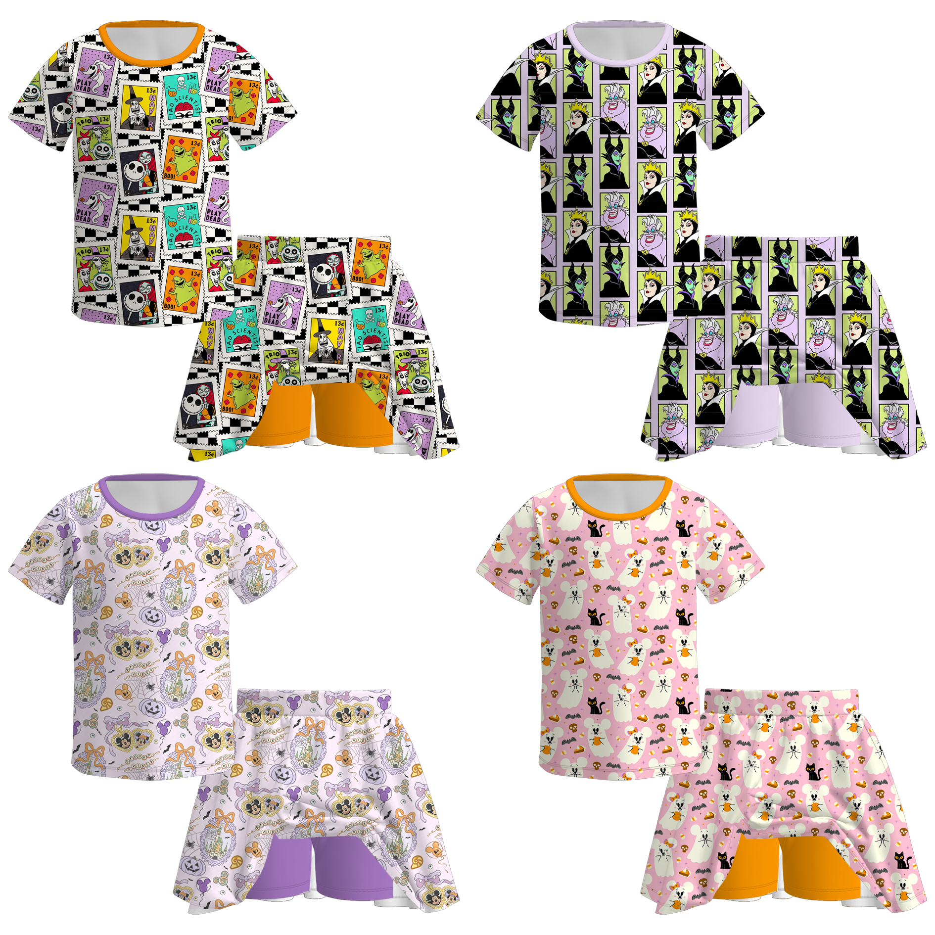 (Pre Order+Prepack Zone)Girls Halloween Pumpkin&Ghost Print Skort Set(Mix Size)