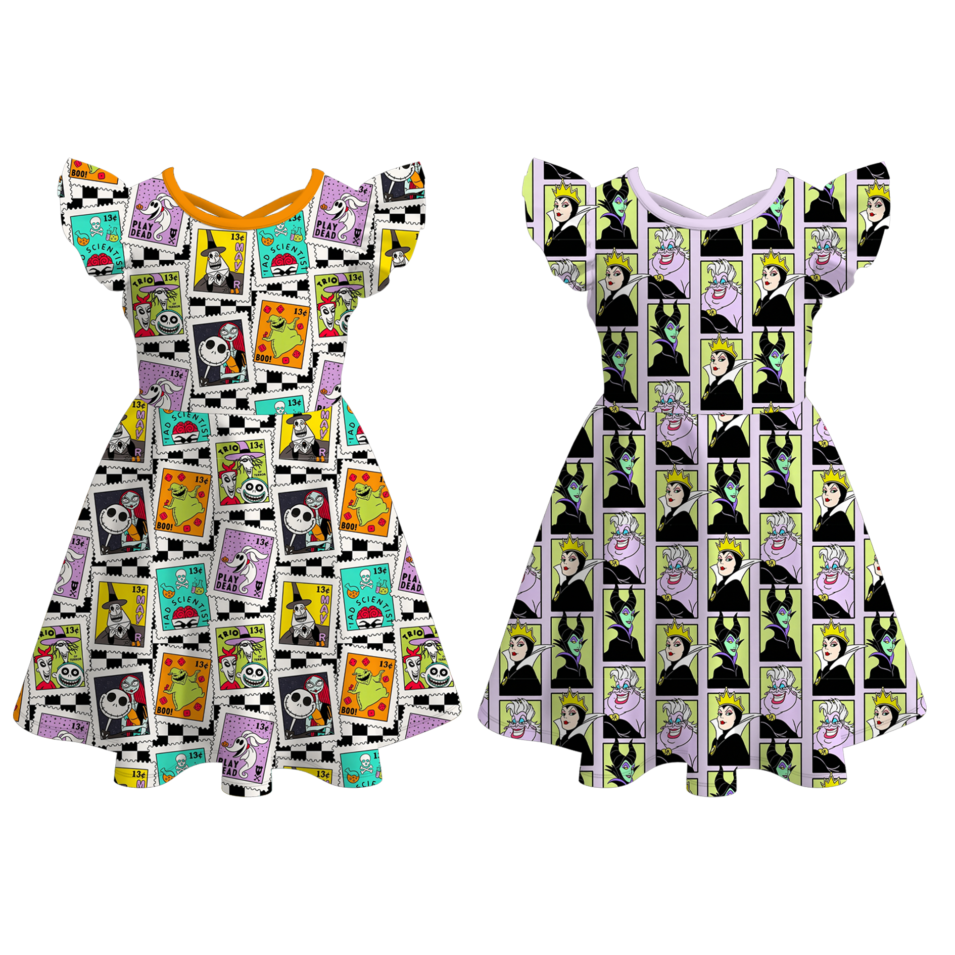 (Pre Order+Prepack Zone)Girls Halloween Print Flying Sleeves Dress(Mix Size)