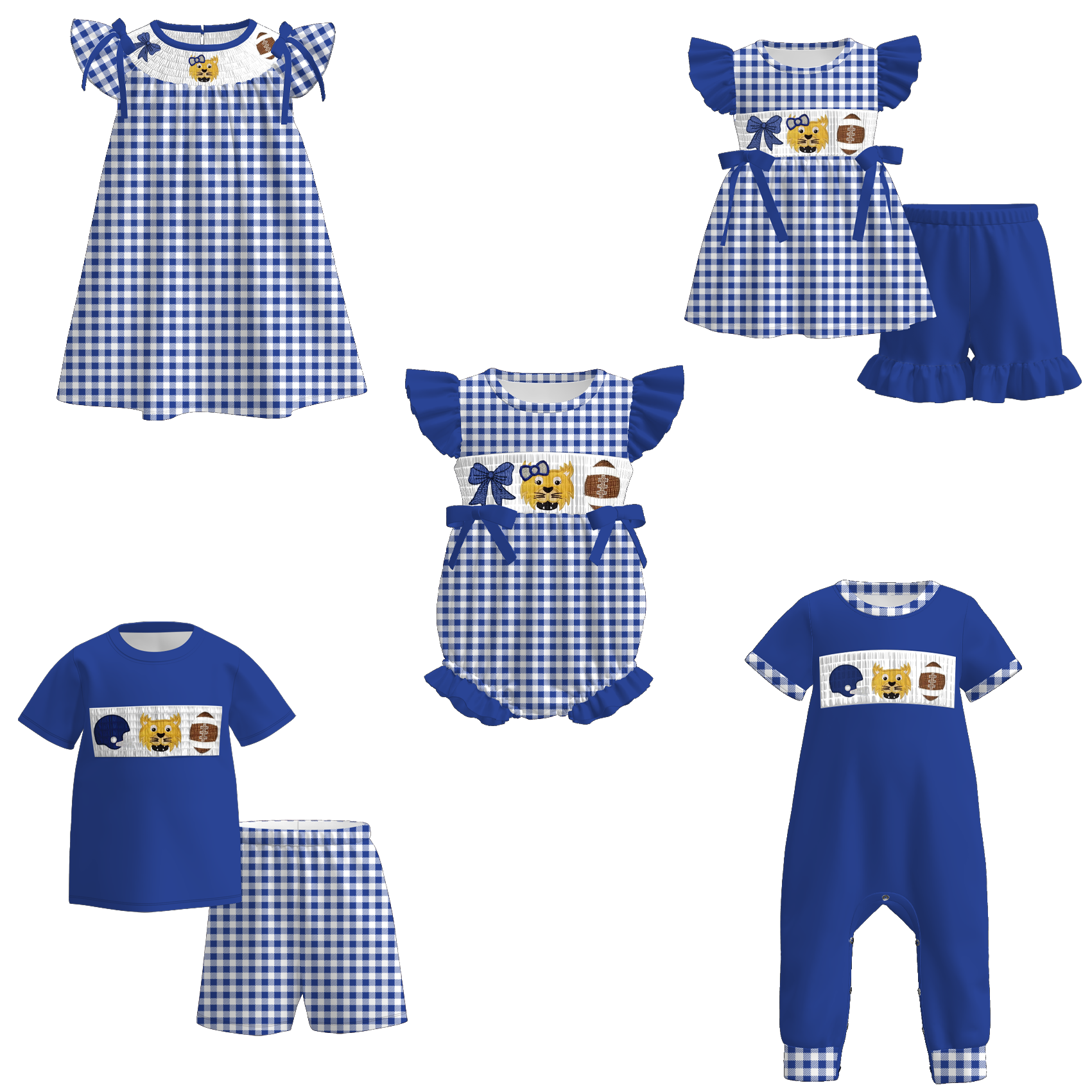 (Pre Order)Family Football Kentucky Embroidery Smocked Dress,Set&Romper