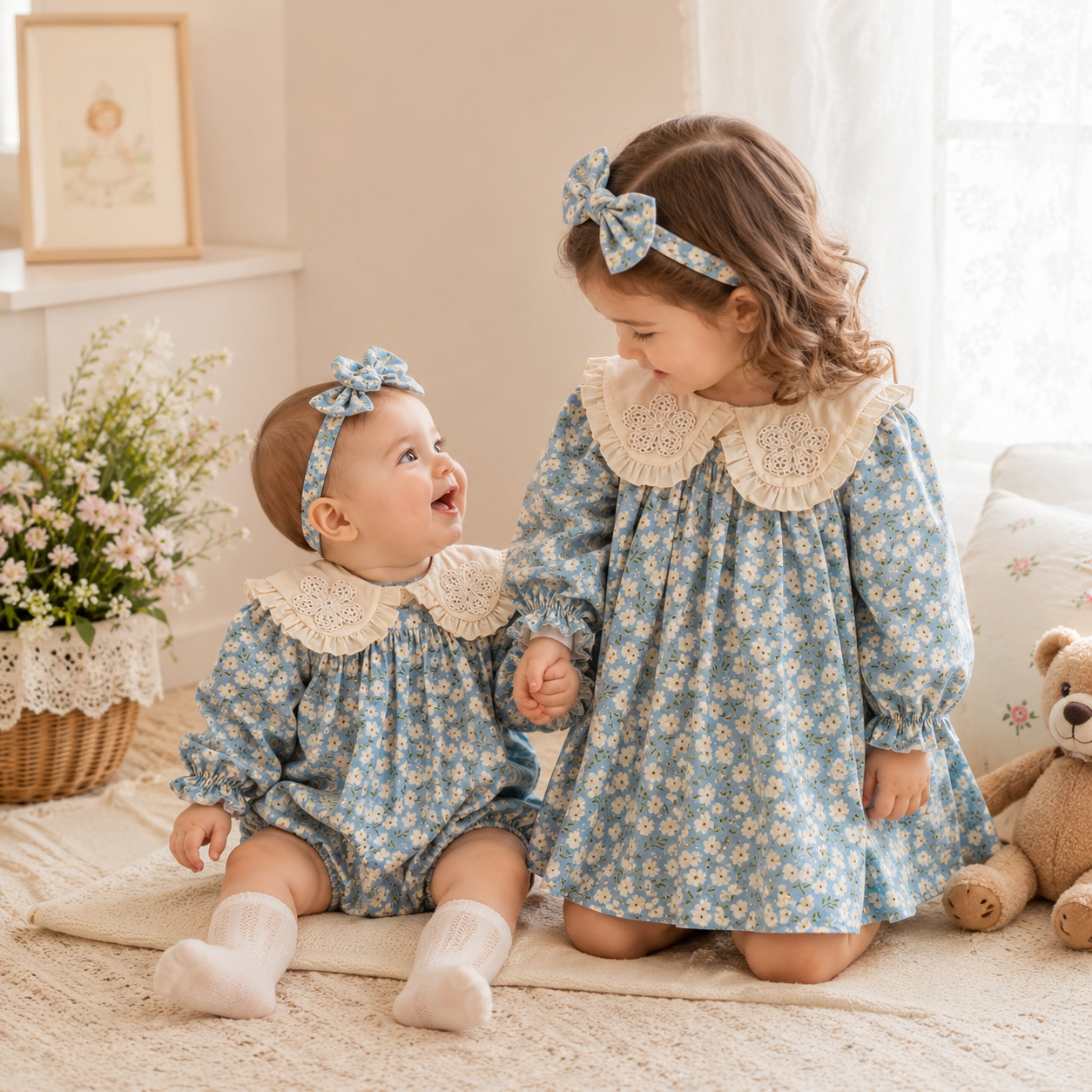 (In Production)Sisters Fall Floral Print Ruffle Dress&Romper