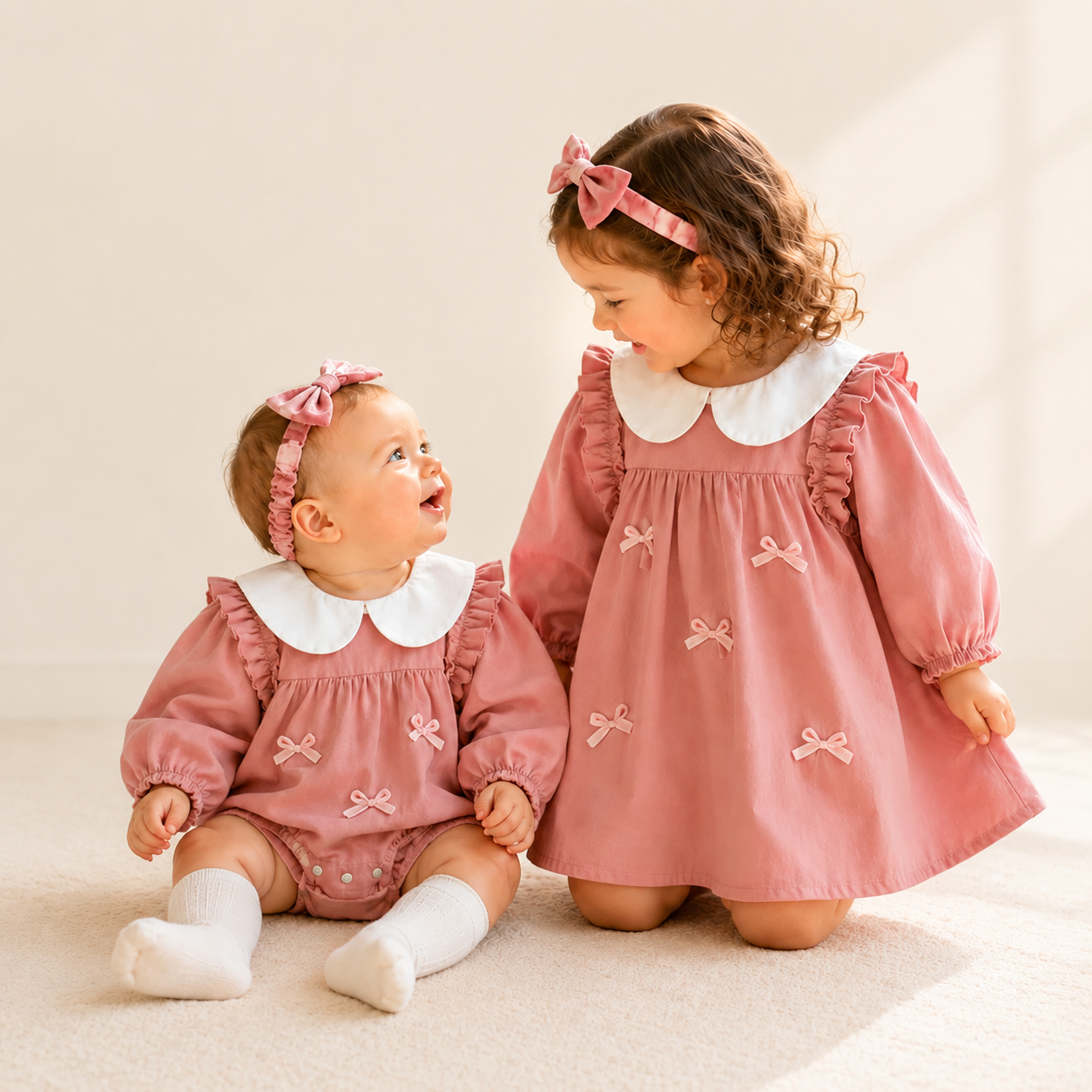 (In Production)Sisters Baby Collar Bow Dress&Romper