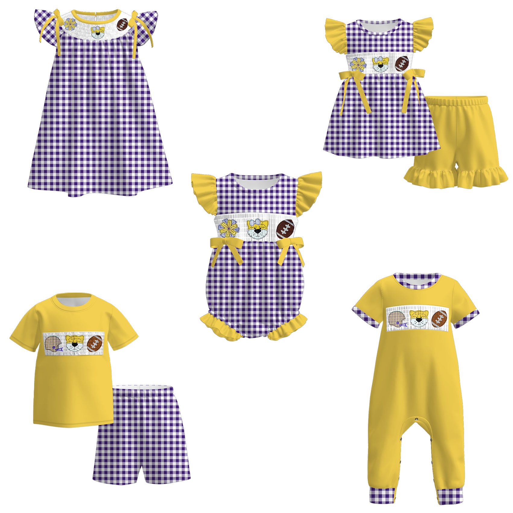 (Pre Order)Family Football Louisiana Embroidery Smocked Dress,Set&Romper