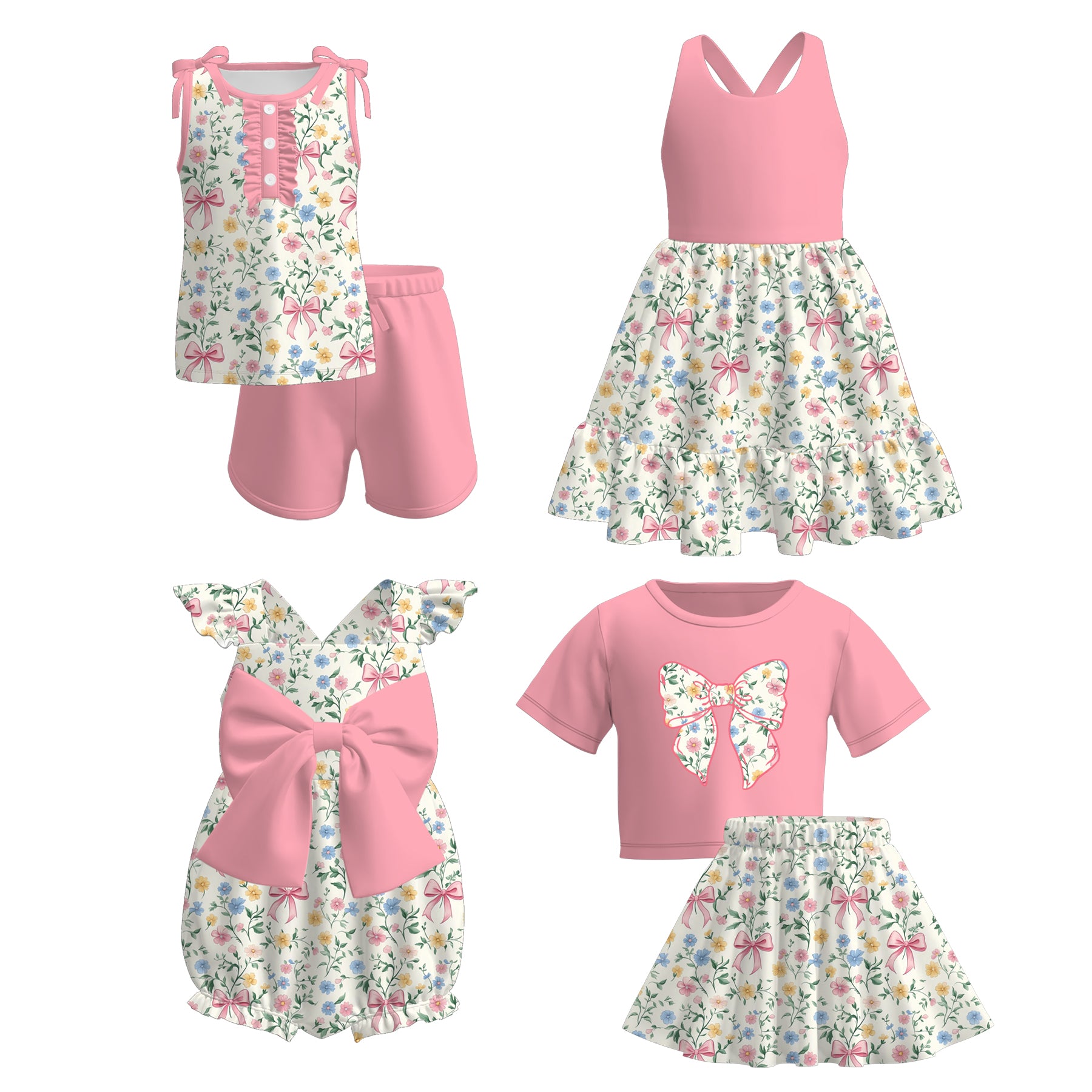 (Pre Order)Sisters Spring and Summer Bow Print Dress,Romper and Set