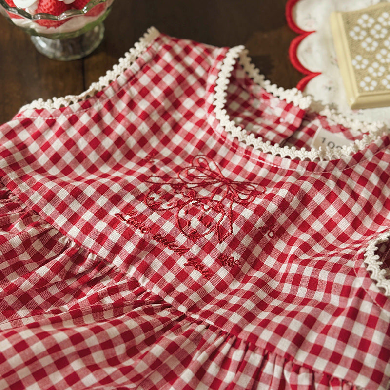 (In Production)Girls Spring&Summer Strawberry Embroidery Tiered Dress