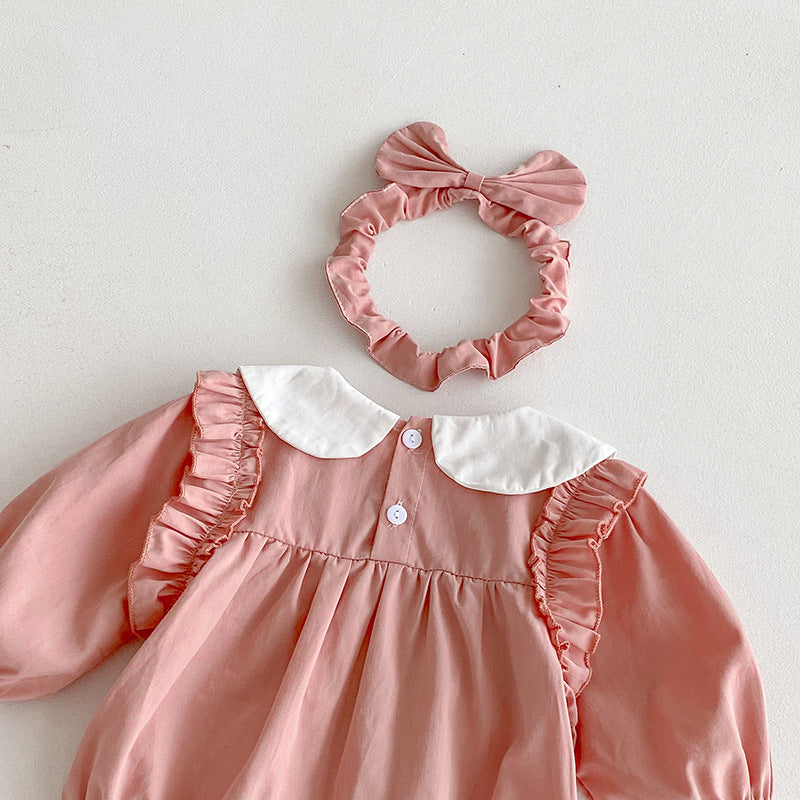 (In Production)Sisters Spring Pink Bow Doll Collar Dress&Romper