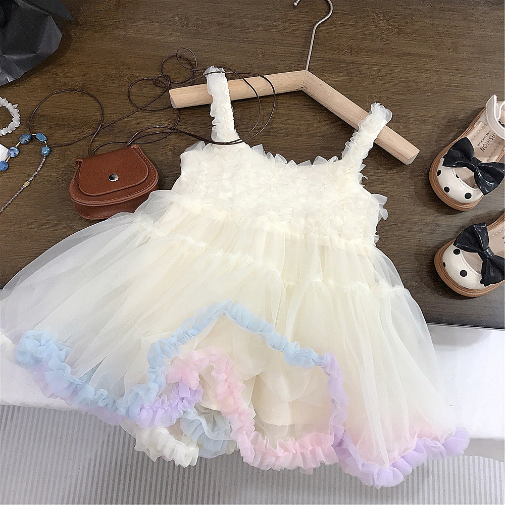 (In Production)Girls Summer White Halter Tulle Dress