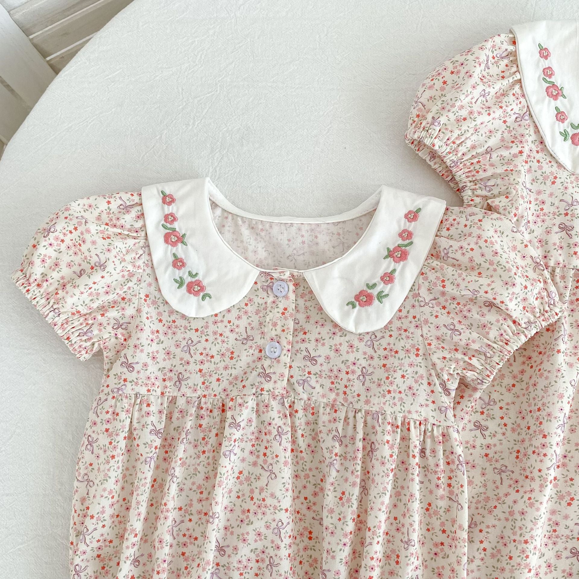 (Pre Order 2 Weeks)Sisters Floral Embroidery Baby Collar Dress&Romper