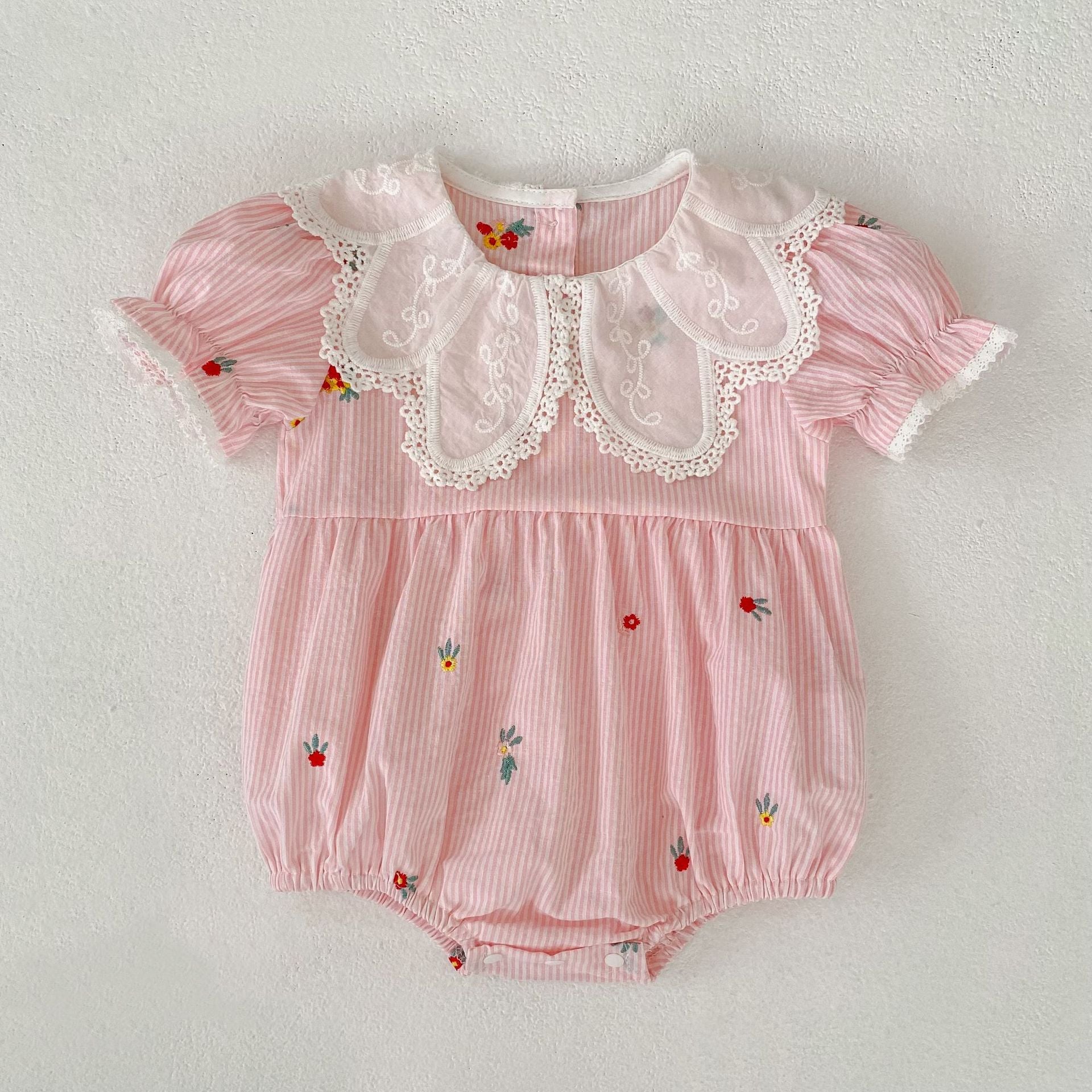 (Pre Order 2 Weeks)Sisters Floral Embroidery Pink Stripe Dress&Romper