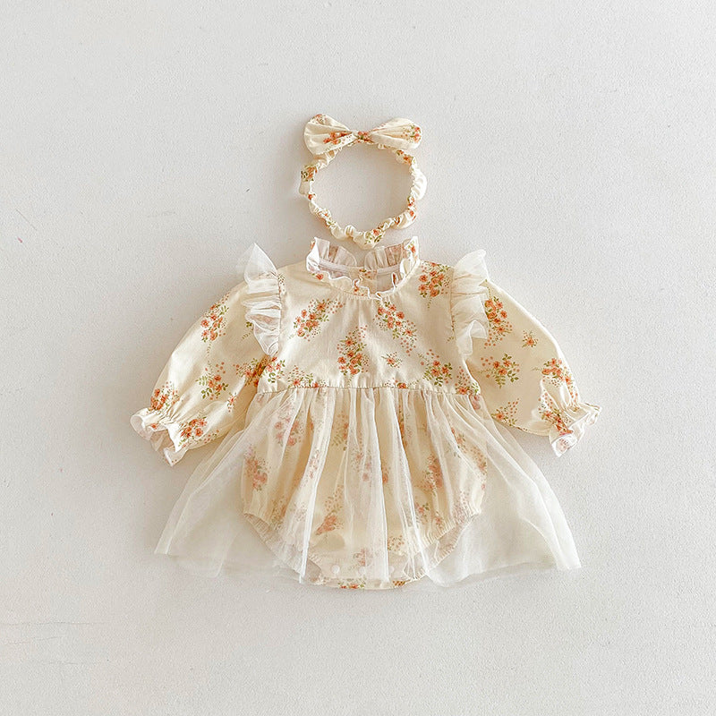(In Production)Sisters Fall Floral Print Lace Ruffle Dress&Romper
