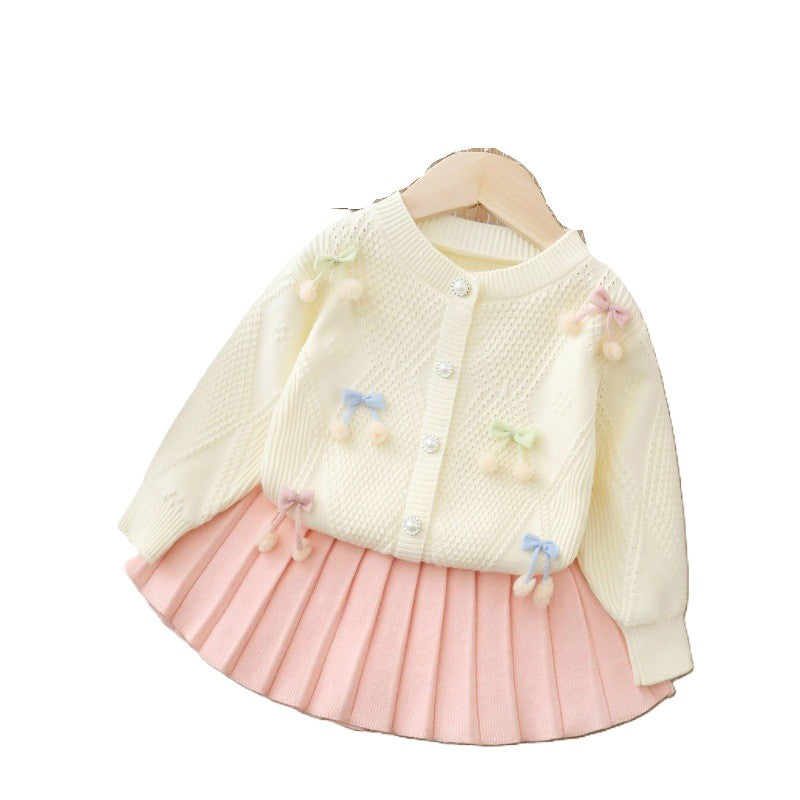 (In Production)Girls Fall&Winter Cherry Sweater Cardigan Skirt Set