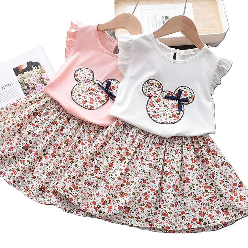 (In Production)Girls Spring and Summer Cartoon Applique Skirt Set