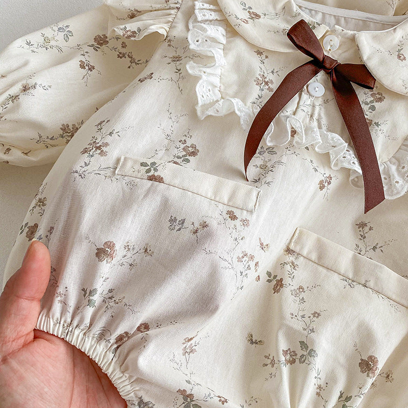 (In Production)Sisters Fall Floral Print Bow Ruffle Dress&Romper