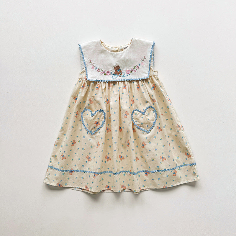 (In Production)Girls Spring&Summer Bear Embroidery Dress