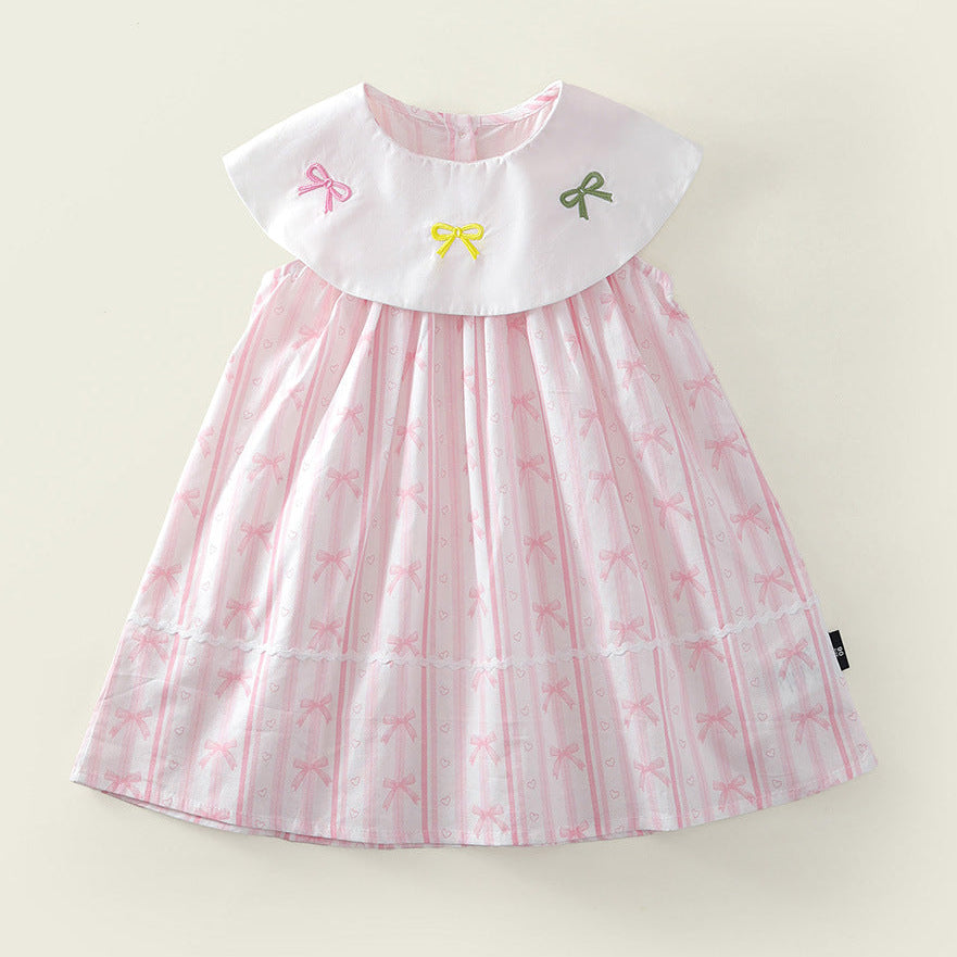 (In Production)Girls Bow Embroidery Pink Dress