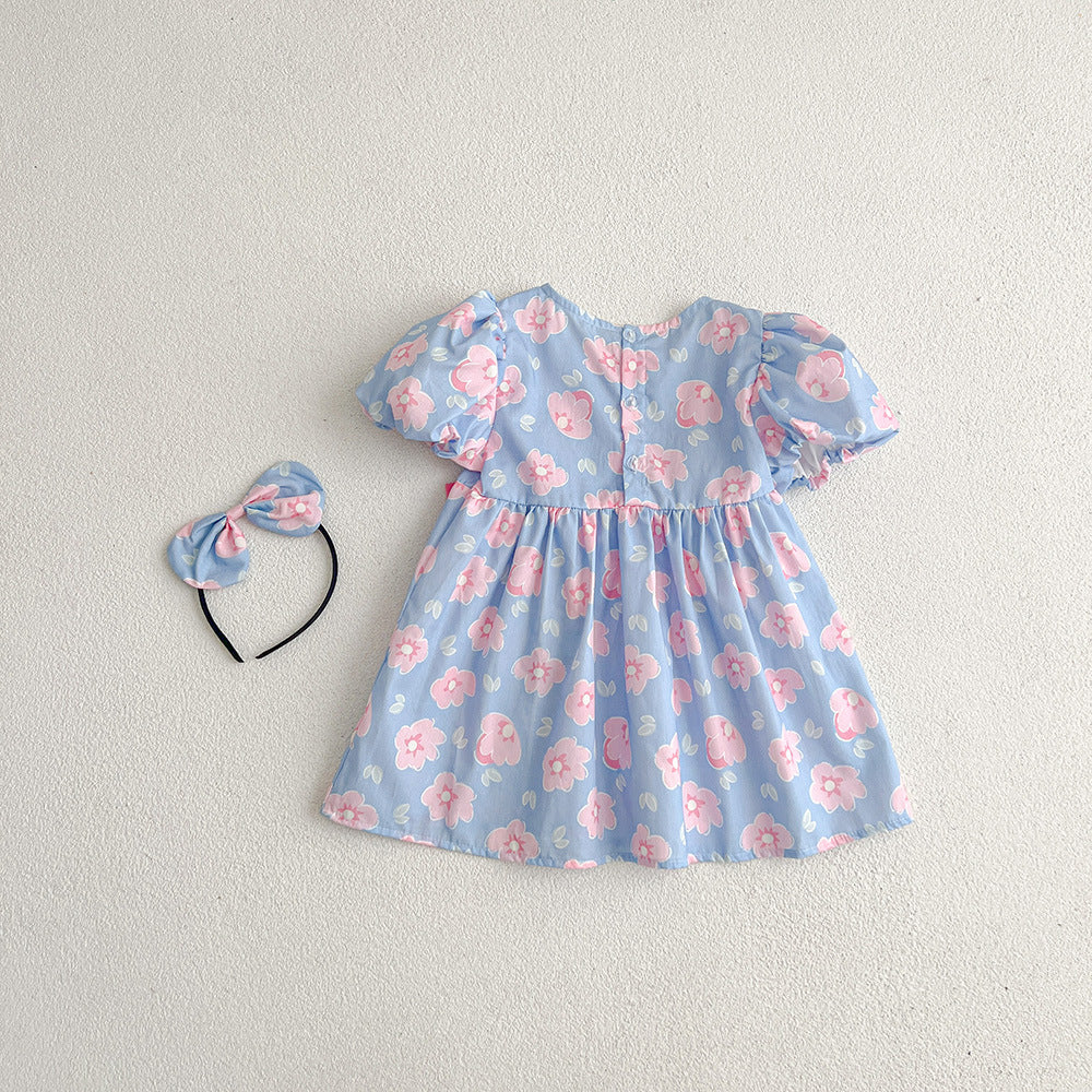 (In Production)Sisters Spring&Summer Floral Print Bow Dress,Romper