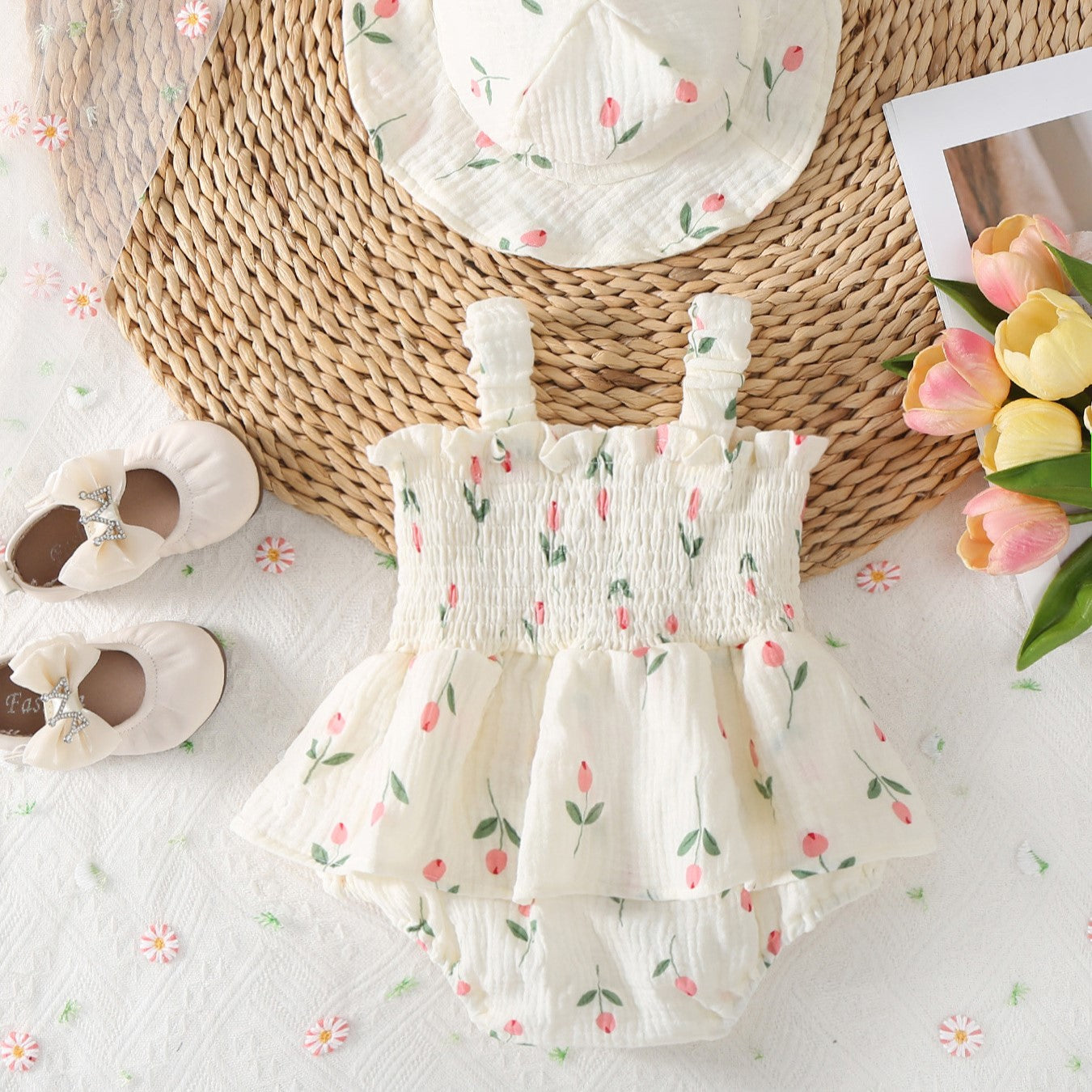 (In Production)Toddler Girls Spring&Summer Tulip Print Smocked Romper with Hat