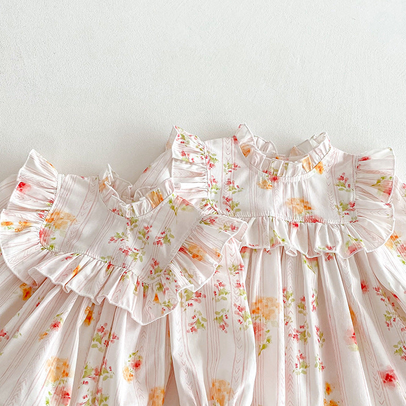 (In Production)Sisters Fall Floral Print Ruffle Dress&Romper