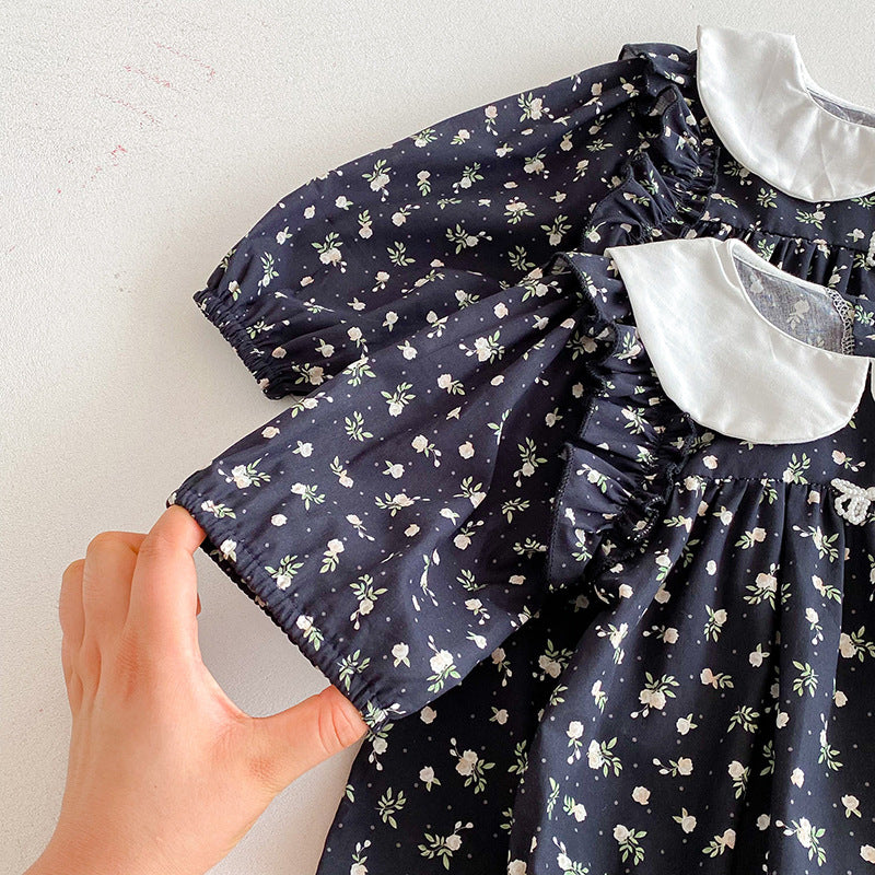 (Pre Order 2 Weeks)Sisters Fall Floral Print Baby Collar Dress&Romper