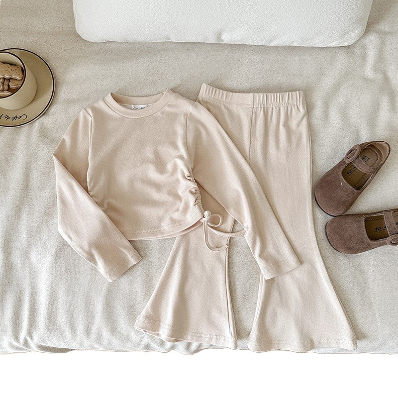 (In Production)Girls Fall&Winter Solid Color Top Flare Pants Set