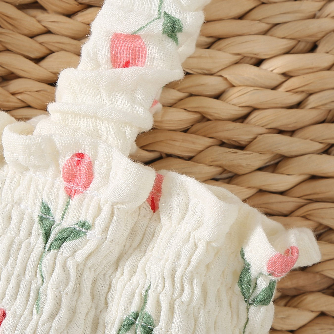 (In Production)Toddler Girls Spring&Summer Tulip Print Smocked Romper with Hat