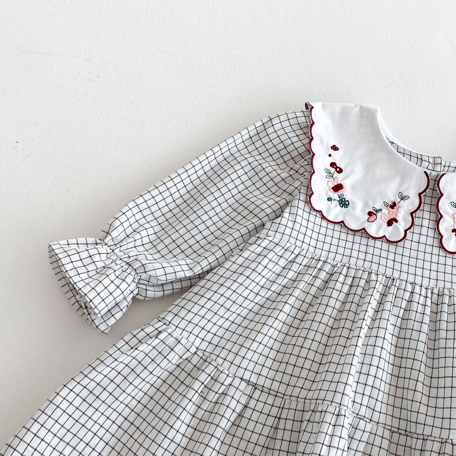 (In Production)Girls Fall Floral Embroidery Scallop Collar Dress