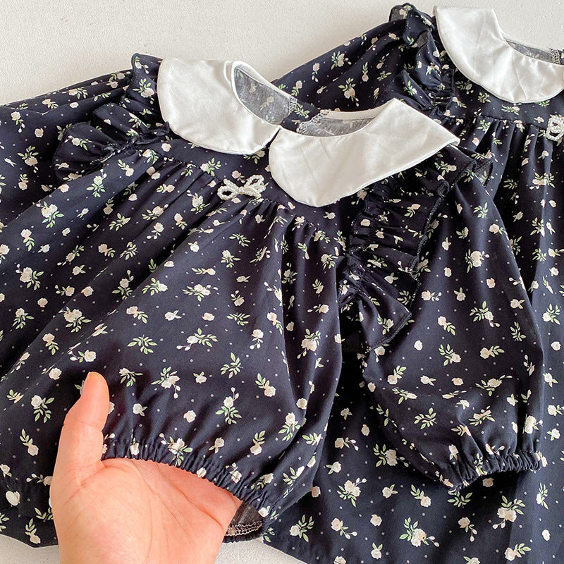 (Pre Order 2 Weeks)Sisters Fall Floral Print Baby Collar Dress&Romper