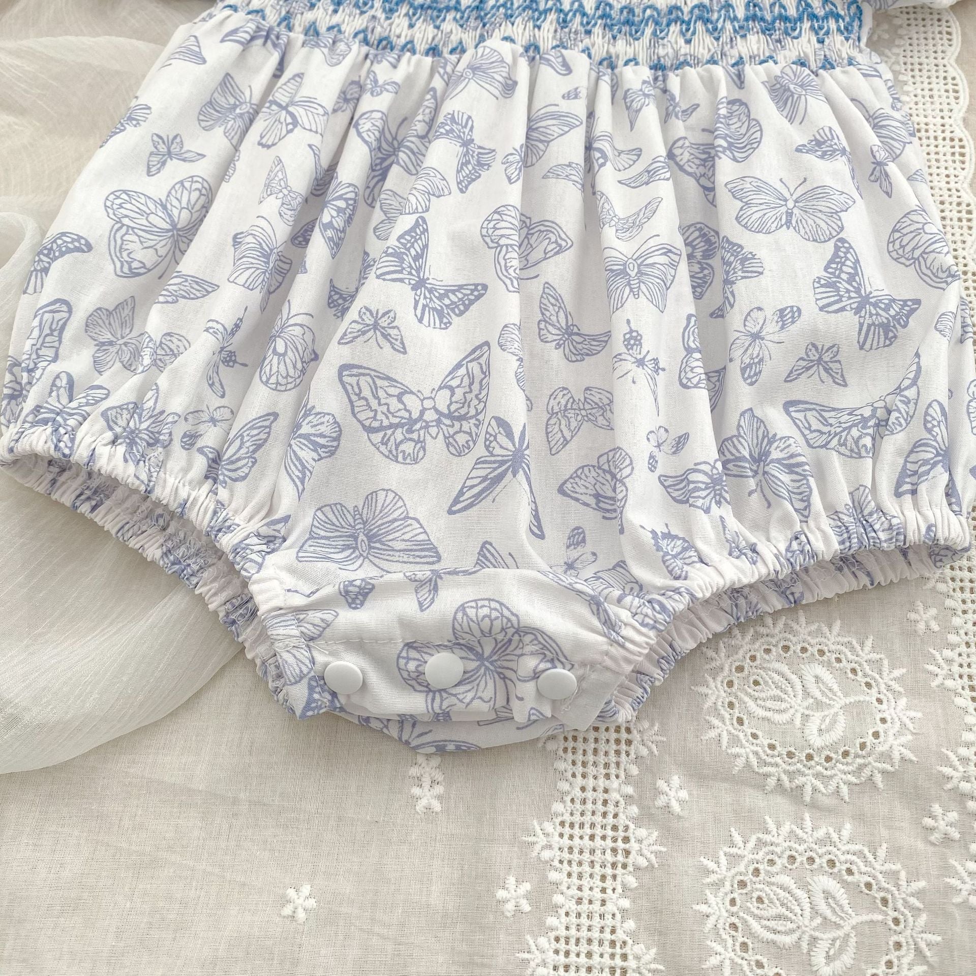 (In Production)Sisters Spring&Summer Blue Butterfly Print Smocked Dress,Romper