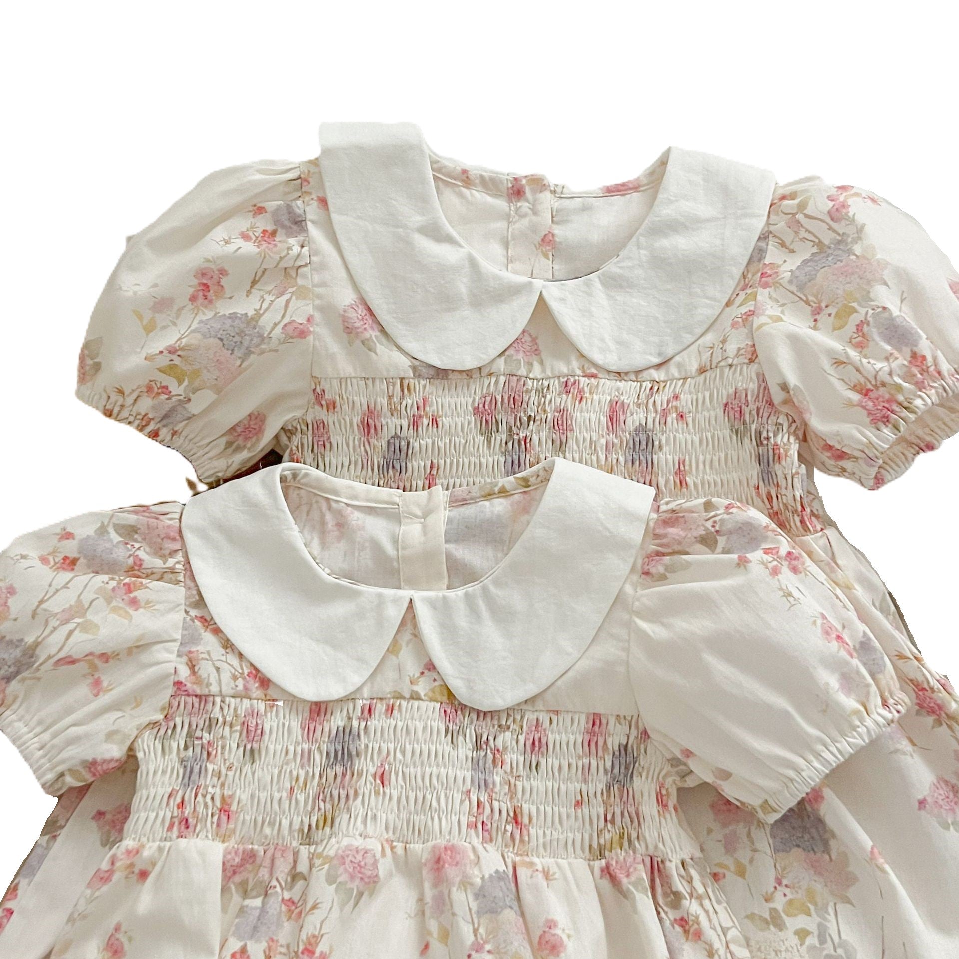 (In Production)Sisters Spring&Summer Floral Print Doll Collar Smocked Dress,Romper